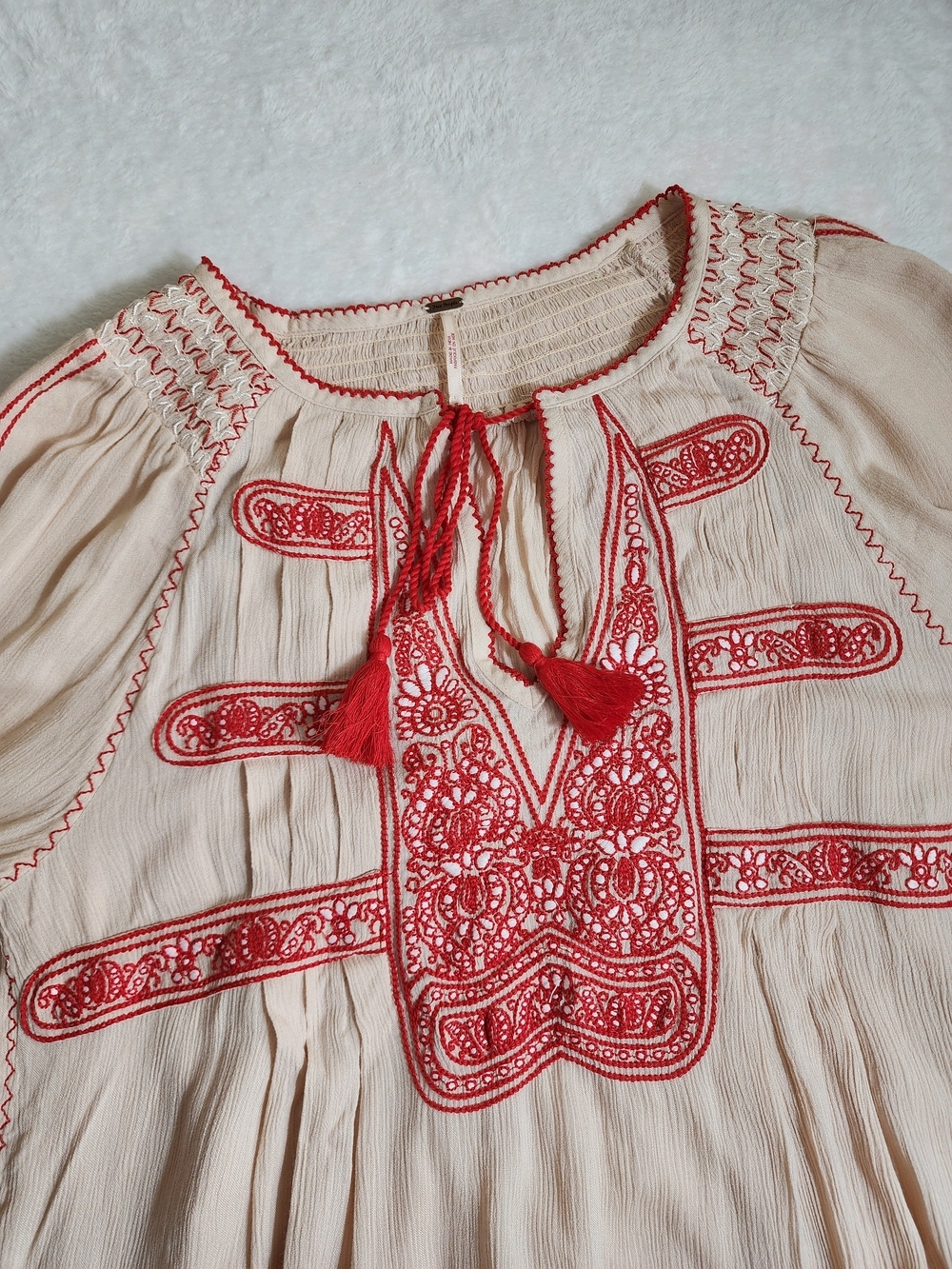 Free People Wind Willow Embroidered Mini Dress S Ivory Red Boho Peasant Dress - Picture 8 of 13